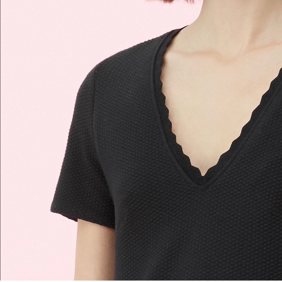 Rebecca Taylor Stretch Texture Scallop V-Neck Mini Drop Waist Ruffle Dress Black - Picture 7 of 16